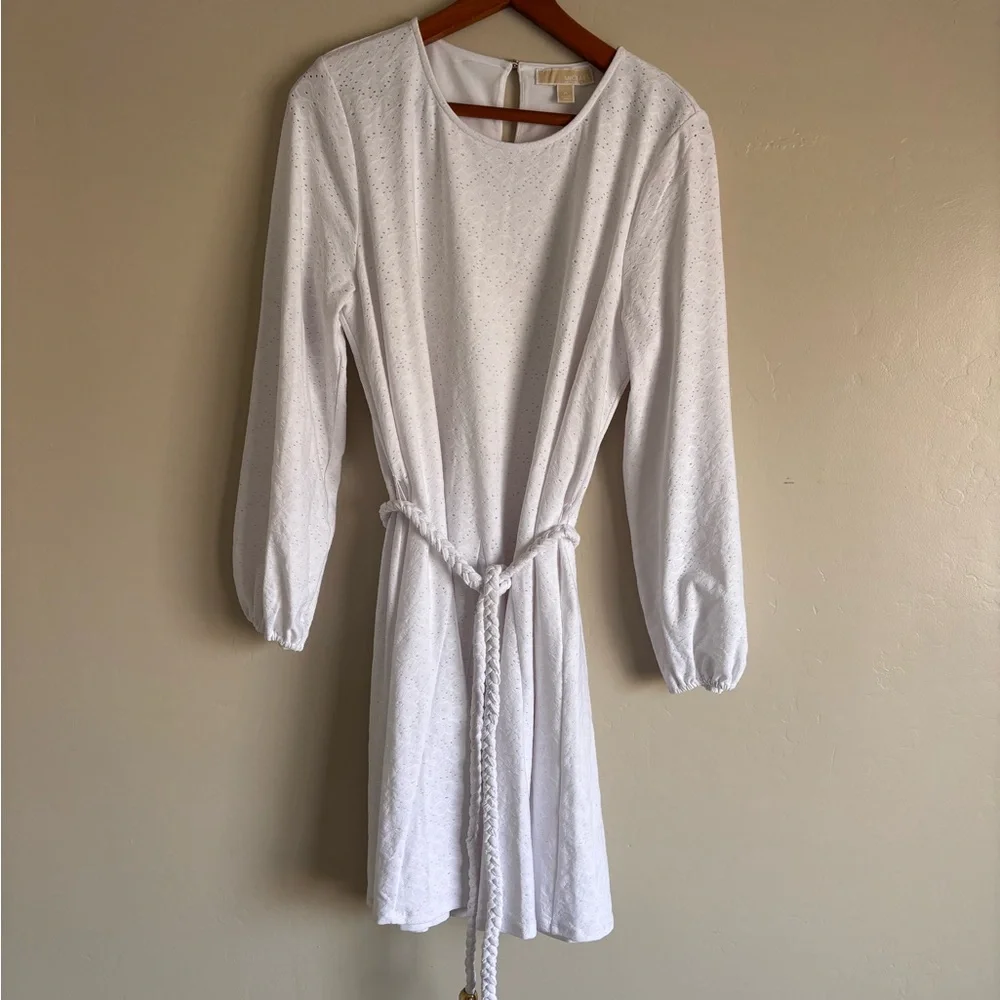 XL Michael Kors Womens White Braided Tie-Waist Eyelet Fit Flare A-Line Dress